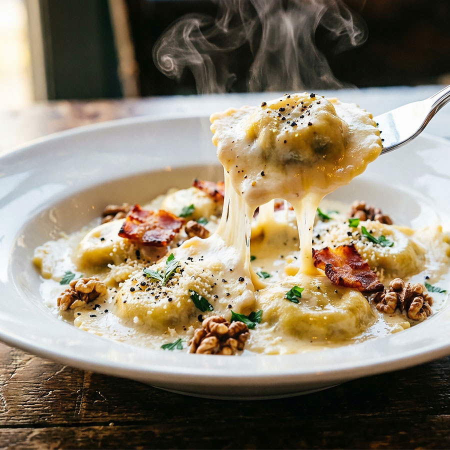 Ravioloni mit Käse & Walnüssen Carbonara